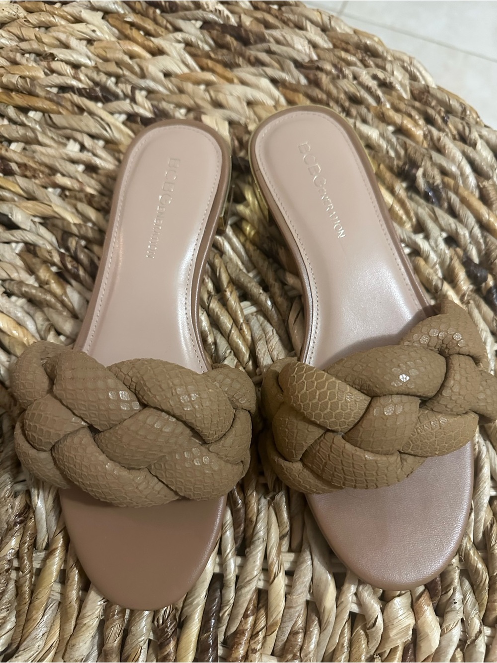 BCBGeneration Tan Braided Slide Sandals